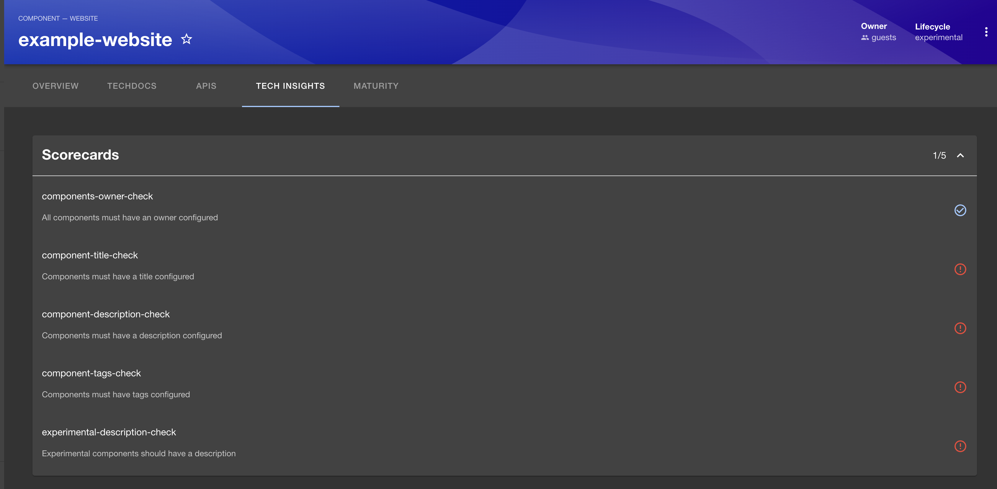 Tech Insights tab showing scorecard with check results